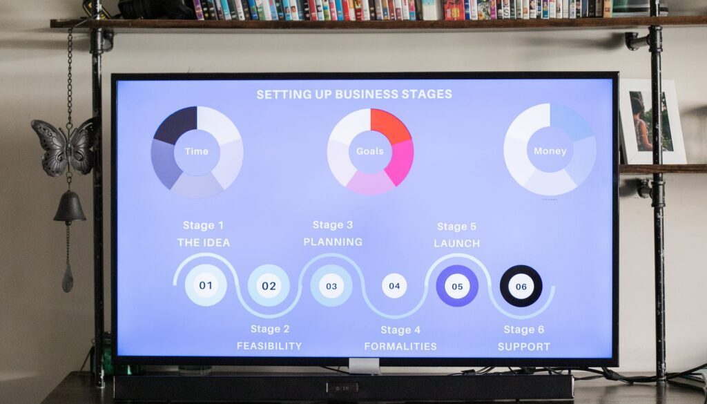 black flat screen tv turned on displaying icons