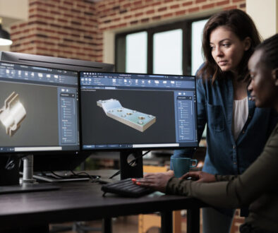 3D graphic artists sketching mechanical asset using advanced software technology.