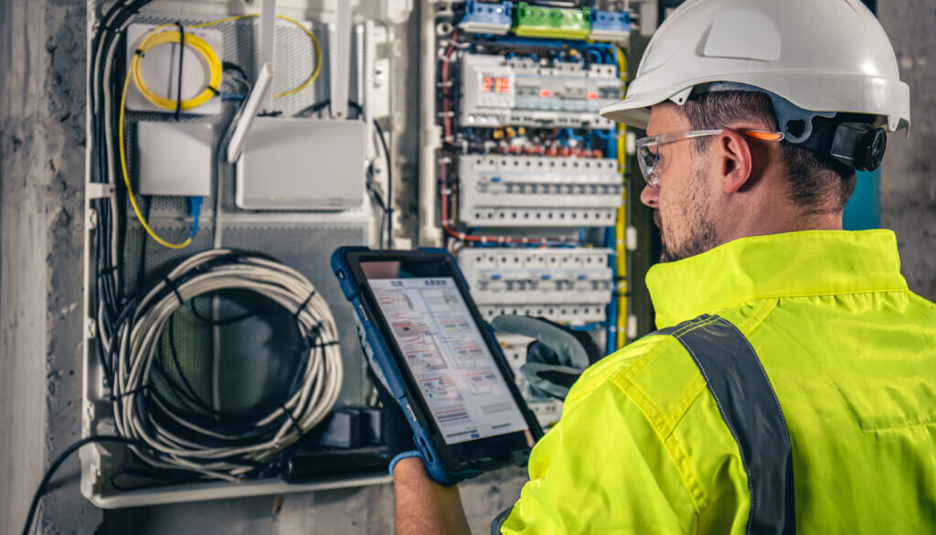 Man, an electrical technician working in a switchboard with fuses, uses a tablet.